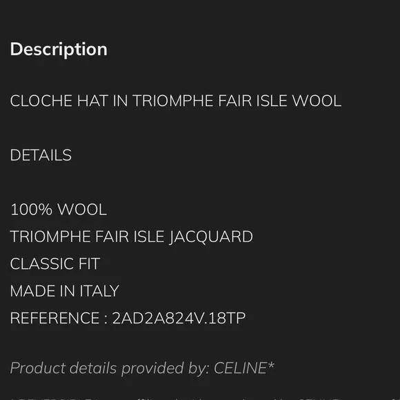 CELINE CLOCHE HAT IN TRIOMPHE FAIR ISLE WOOL AUTHENTIC display picture 2